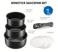 TEMU Juego de 7 ollas | Tamaños 16+18+20 cm | 1 asa desmontable y 3 tapas de PE | para inducción, leche y todo tipo de estufas | Superficie antiadherente | para horno