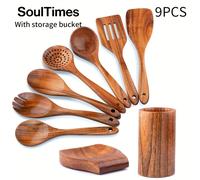 TEMU Juego de 9 Cucharas de Madera SoulTimes para Cocinar - Utensilios de Teca con Acabado y Agarre - Juego de Cucharas de Madera Antiadherentes
