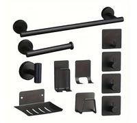 TEMU Juego de Accesorios de Baño de Acero Inoxidable de 11 Piezas - Diseño Moderno en Negro y Plateado con Barra para Toallas, Portapapeles, Jabonera y Ganchos para la Organización