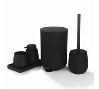 TEMU Juego de accesorios de baño negro mate de basura pequeño de 3 litros/0.8 galones, porta cepillos de dientes, jabonera, bandeja de tocador, escobilla de baño y asiento negro, juego de 5 piezas