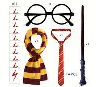 TEMU Juego de accesorios de disfraz de de Harry Potter de películas clásicas de Bros. de 14 piezas con varita, corbata, bufanda, gafas y pegatinas para fiestas de Halloween, regalo ideal para .