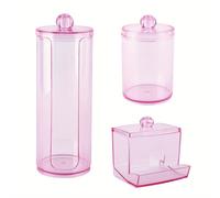 TEMU Juego de Accesorios para Baño - Contenedor Transparente Rosa de Plástico con Dispensador y Organizador para Cepillos, Bolas, Almohadillas, Hilo Dental y Pastilleros