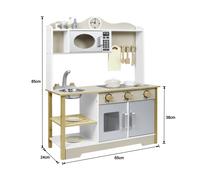 TEMU Juego de cocina de madera para niños y niñas - Set de accesorios de cocina con dos estufas, fregadero, grifo y microondas 68 x 26 x 78 cm