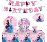 TEMU Juego de cubiertos de viaje único de Disney Rosa Frozen Elsa de 52 piezas, platos, tazas, pañuelos, manteles, banderitas de , de fiesta, suministros de decoración
