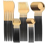 TEMU Juego de cubiertos dorados de acero inoxidable de 30 piezas con negros, diseñado para servir 6 ; Juego de cubiertos dorados para uso doméstico en la cocina