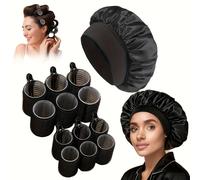 TEMU Juego de peinado de 19 piezas - 12 rodillos + 6 pinzas + gorro de dormir de satén, autoadhesivo sin , herramientas de peinado DIY de calidad, estilo 2025, de dormir/estilismo multiescena