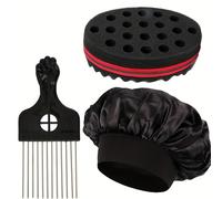 TEMU Juego de peinado para cabello de 3 piezas - cepillo de modelado con espuma, peine desenredador con aguja de acero y gorro de dormir - Ideal para cabello corto de afroamericanos