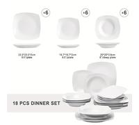 TEMU Juego de platos de cerámica blanca de 18 piezas, juego de cubiertos con 6 platos de cena/ de postre/ de sopa para 6