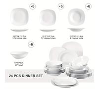 TEMU Juego de platos de cerámica blanca de 24 piezas, juego de cubiertos con 6 platos de cena/ de postre/ de sopa/bol para 6