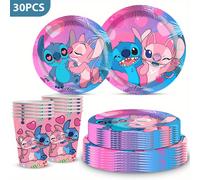 TEMU Juego de platos, tazas y decoraciones de 30 piezas con temática de Stitch, incluyendo platos de cena, tazas y adornos para fiestas de , vacaciones, acampadas al y reuniones familiares.