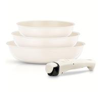 TEMU Juego de Sartenes Antiadherentes con Mango Desmontable, 3 piezas de Cerámica de 8, 9.5 Pulgadas Compatibles con Todas las Estufas, para Lavavajillas y Horno, Color Beige