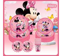 TEMU Juego de taza y platillo, 50 piezas de cubertería temática de Minnie Mouse de Disney para festivos, que platos de papel, servilletas y vasos de agua, para graduaciones, fiestas de y más.