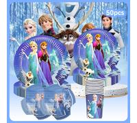 TEMU Juego de taza y platillo, 50 piezas, juego de cubiertos para festivos con temática de Frozen de Disney, que platos de papel, servilletas y vasos de agua, para graduaciones, fiestas de y más.