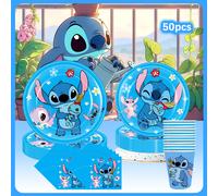 TEMU Juego de taza y platillo, 50 piezas, juego de cubiertos para festivos con temática de Stitch de Disney, que platos de papel, servilletas y mantel, para graduaciones, fiestas de y más.