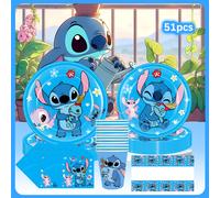 TEMU Juego de taza y platillo de 51 piezas, vajilla para festivos con temática de Stitch de Disney, que platos de papel, servilletas, mantel y vasos de agua. para graduaciones, fiestas de y otros .