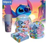 TEMU Juego de Tazas y Platillos, 50 Piezas, Tema Romántico de Disney Stitch y para Festivos, Platos de Papel, Servilletas y Vasos, Ideal para Ocasiones de Vajilla