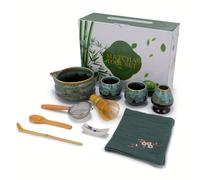 TEMU Juego de té de cerámica con torno de cocción, de matcha con esmalte azul, utensilios de té de cerámica hechos a , juego completo de herramientas de matcha que de bambú
