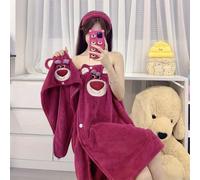 TEMU Juego de Toallas de Baño de Oso Fresa de Disney con Bata Usable, Gorro para Secar el Cabello y Conjunto de - Albornoz de Vellón Coral en Color Beige , Sombrero para Secar y Coletero
