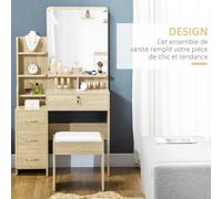 TEMU Juego de Tocador Homcom con Taburete Acolchado, Espejo Grande, Múltiples Estantes Abiertos y 4 Cajones en Madera Natural