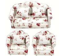 TEMU Juego de tres, muebles en miniatura a 1:12 para de muñecas, que incluyen un sofá floral rosa con cojines diseñados para , ideal para crear un a , que un diseño femenino con artesanía detallada