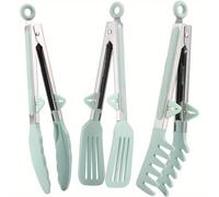 TEMU Juego de tres pinzas de cocina de acero inoxidable con puntas de silicona, ideales para pasta, , cocina, carne, ensalada y servir, disponibles en verde