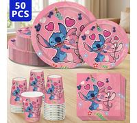 TEMU Juego de vajilla de 50 piezas de Disney con diseño de Stitch rosa y | Accesorios para fiestas de , actividades al aire libre, decoración, platos de papel, vasos de papel desechables, servilletas