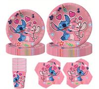TEMU Juego de vajilla desechable de 50 piezas con tema de Stitch para festivos, fiestas, vasos de papel, servilletas, platos y decoraciones para graduaciones, promesas y .