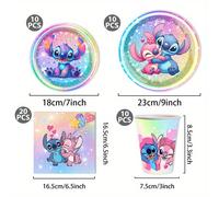 TEMU Juego de vajilla desechable de 50 piezas con temática de pareja de Stitch de Disney - Platos redondos sin recubrimiento, vasos de papel y servilletas con diseño de Stitch y , para fiestas de