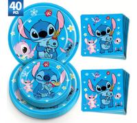 TEMU Juego de Vajilla Desechable de Disney Stitch de 40 Piezas 10 Platos para Cena, 10 Platos para Postre y 20 Servilletas, Suministros para Fiestas de , Picnic, Barbacoas en el Jardín y