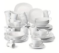 TEMU Juegos de vajilla cuadrados de 50 piezas de porcelana gris y blanca con platos y cuencos, tazas y platillos, tazas de café, hueveras, azucarero y lechero, juego de vajilla para 6 personas.