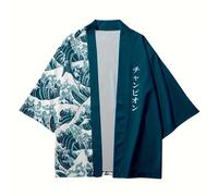 TEMU Kimono con de Ola Azul - Poliéster Casual de Media , Diseño Geométrico, Ropa , Talla China, la Guía de Tallas