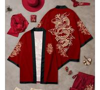 TEMU Kimono Estilo Chino, en Hanfu Vintage, Poliéster 100%, Top Casual con Cuello en V Profundo y de , Estampado Digital 3D en Todo el Diseño, Tela No Elástica, 110gsm, Ajuste Sueltos para Todas