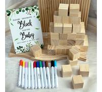 TEMU Kit de 1 juego de letreros para álbum de visitas y juegos de baby shower, letrero del juego de decorar un bloque, 30 bloques de madera en , 12 bolígrafos, para revelación de género en baby shower