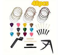 TEMU Kit de 48 Cuerdas y Accesorios para Guitarra Acústica con Enrollador, Capo, del Puente y Palillos - Varios Colores