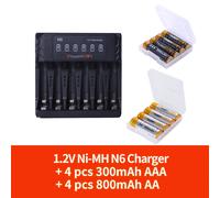 TEMU Kit de batería y cargador, POWERKAN 1,2V de níquel y hidrógeno recargable AA + N6 recargable, AAx4 piezas/juego con de plástico y 1 pieza 5V 2A cargador USB LED AA AAA con 6 ranuras