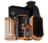 TEMU Kit de Cuidado para Barba Hombre: Aceite para Barba, Cepillo para Bigote, Rodillo 0.25mm, Peine de Madera, Tijeras - Regalo para , Navidad y San Valentín
