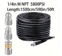 TEMU Kit de limpieza de alcantarillado diseñado para hidrolavadoras, con un potente manguera de limpieza de drenajes de 5800PSI, 1/4 NPT, y tres boquillas de limpieza de alcantarillado de 1/4" 5000PSI