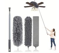 TEMU Kit de Plumero de Microfibra con Mango Telescópico de 100 Pulgadas para Techos Altos, y Ventiladores, Reutilizable y Lavable, para Redes de Celosías