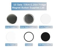 TEMU Kit de suministros para máquina fabricante botones 50 juegos, accesorios impresora imanes nevera 58mm/2.25 pulgadas - metálica trasera, película transparente papel y junta magnética