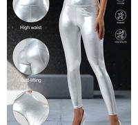 TEMU Leggings brillantes metálicos de cintura para mujer, pantalones ajustados la , color liso, diseño de bolsillo de media luna, conjunto elegante para , para todas .