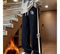 TEMU Leggings de para Hombre con Forro Polar - Pantalones Casuales Gruesos de Invierno, Puños Elásticos y Cintura Ajustable con Cordón, Estampado a Rayas, Talla Regular para Uso en Casa y al