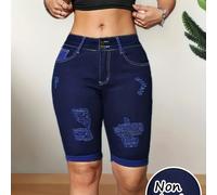 TEMU Leggings Estampados - Pantalones Cortos de Denim de Tiro para Mujer - Ajuste Delgado, Rasgados en con Detalles Verdes, Cortos Casuales Lavables a Máquina para Todas , Tejido y Elástico, Material