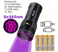TEMU Linterna UV LED de Potencia 160W 8x365nm Super , Recargable por USB para de Resina, Detector Fluorescente de Dinero, Ropa y Alimentos, Marcador de para Manchas en Mascotas y Gatos con Tiña