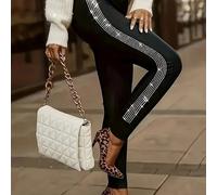 TEMU Mallas de talla grande para mujer con detalles de pedrería, poliéster elástico, elegante de rayas, comodidad para todas , tejido de punto, ropa casual de moda.