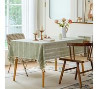 TEMU Mantel bohemio verde y a rayas con borlas, medio bordado, de lino estilo arpillera de granja, ideal para mesas de comedor rectangulares, resistente a las arrugas y lavable.