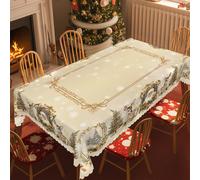 TEMU Mantel Navideño Vintage de Santa y Reno - Dorado, Bordes en Relieve, para Comidas Festivas y Decoración, Disponible en 4 Tamaños