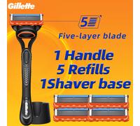TEMU Maquinilla de afeitar Gillette FUSION5, 1 maquinilla, 5 recambios de cuchillas, 1 base, maquinilla de afeitar manual para hombres, maquinilla de 5 capas