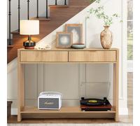 TEMU Mesa de Consola Delgada con Almacenamiento, Mesa de Entrada de 2 Cajones, Mesa para Sofá de 43.3', para o Pasillo, Diseño Moderno de Medio con Relieves Negros