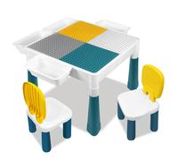 TEMU Mesa infantil con 2 sillas, juego de 162 bloques de construcción con de almacenamiento y escritorio multifuncional de cara ajustable .