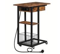 TEMU Mesita de Estilo Estación de Carga, Mesa de Sofá de , Mesa de Café Multifuncional de Madera y Metal con Ruedas y Estante, Enchufe Estándar Europeo, 220-240V, para y Mesita de Noche